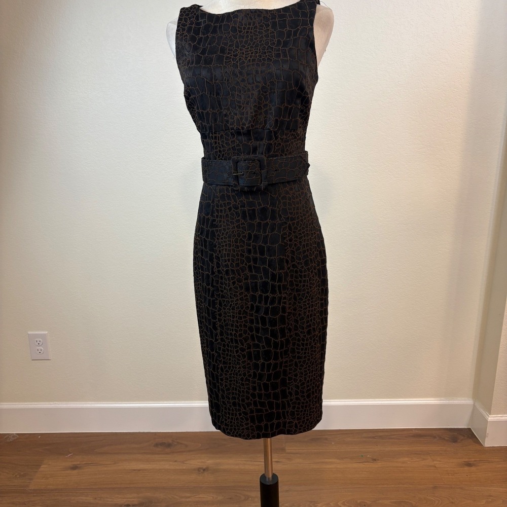 Vintage Cache Luxe Sheath Dress Women 6 Black Brown 90s Belted Croc Midi Chic - Picture 2 of 9